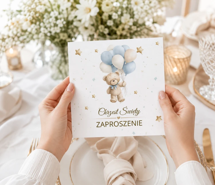 Zaproszenie na Chrzest dla chłopca – miś z błękitnymi balonikami