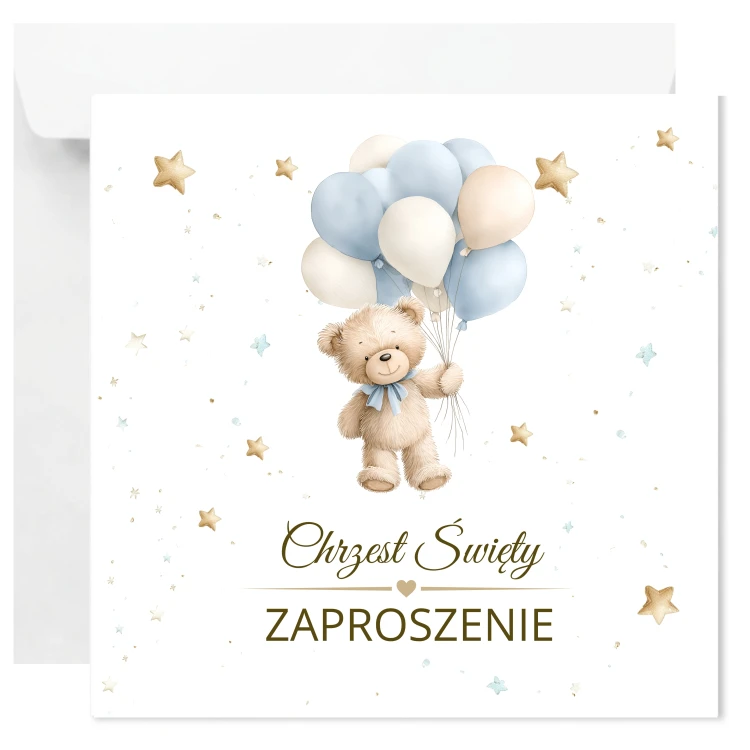 Zaproszenie na Chrzest Święty dla chłopca z misiem i błękitnymi balonikami – z kopertą