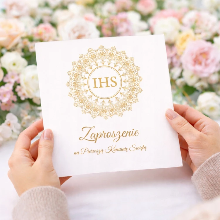 Zaproszenie komunijne Złoty Ornament IHS – elegancka aranżacja