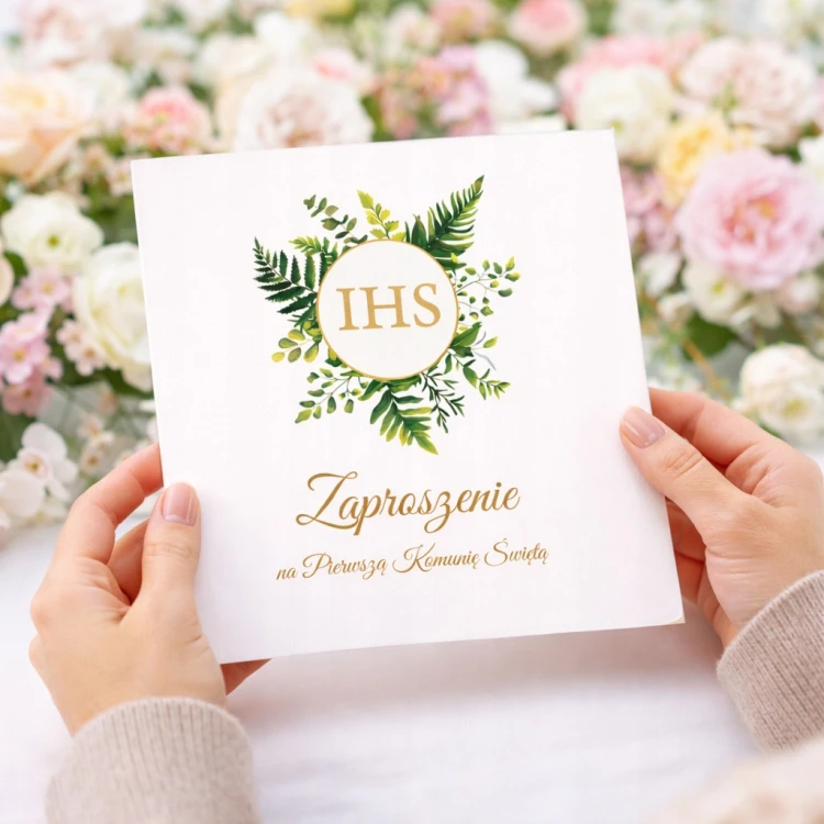 Zaproszenie komunijne Paprotki IHS – elegancka aranżacja
