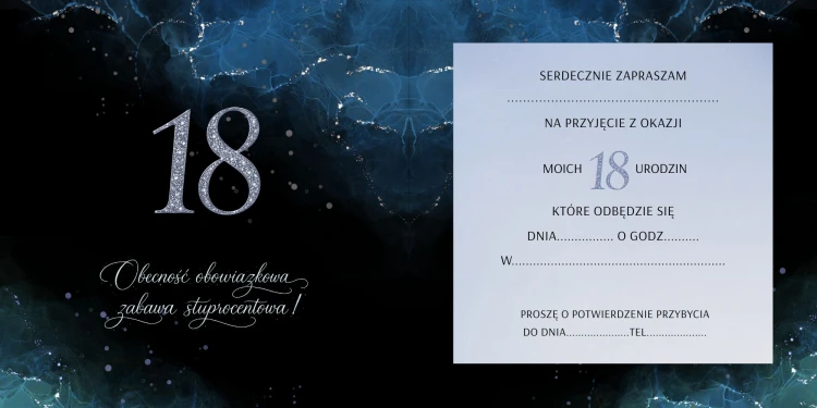 Zaproszenie na 18 urodziny Granat Czerń – środek zaproszenia