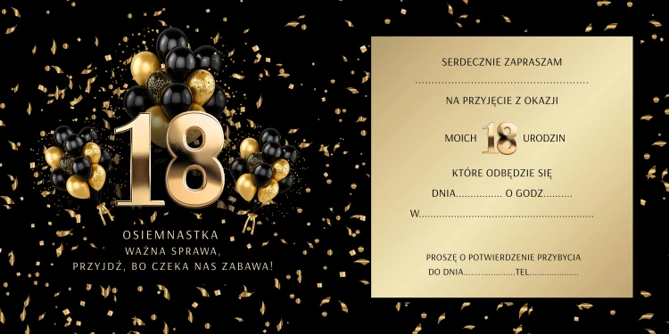Zaproszenie na 18 urodziny Złote Balony – wnętrze zaproszenia