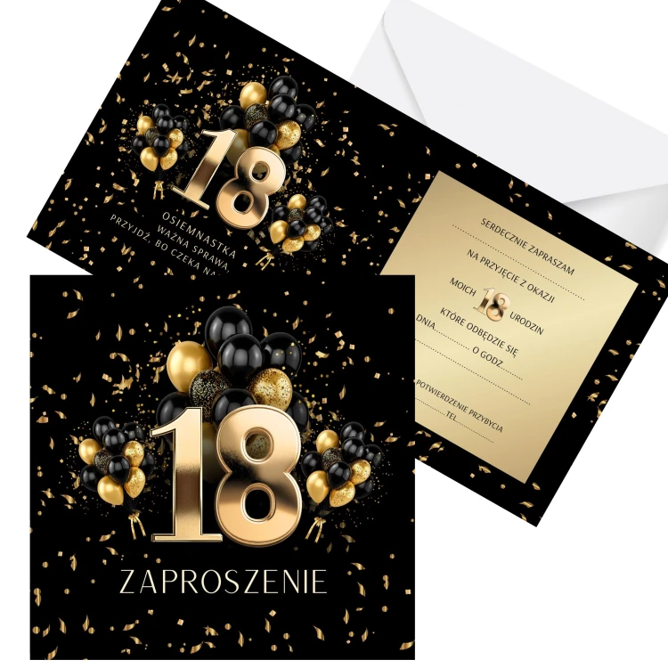 Zaproszenie na 18 urodziny Złote Balony z białą kopertą