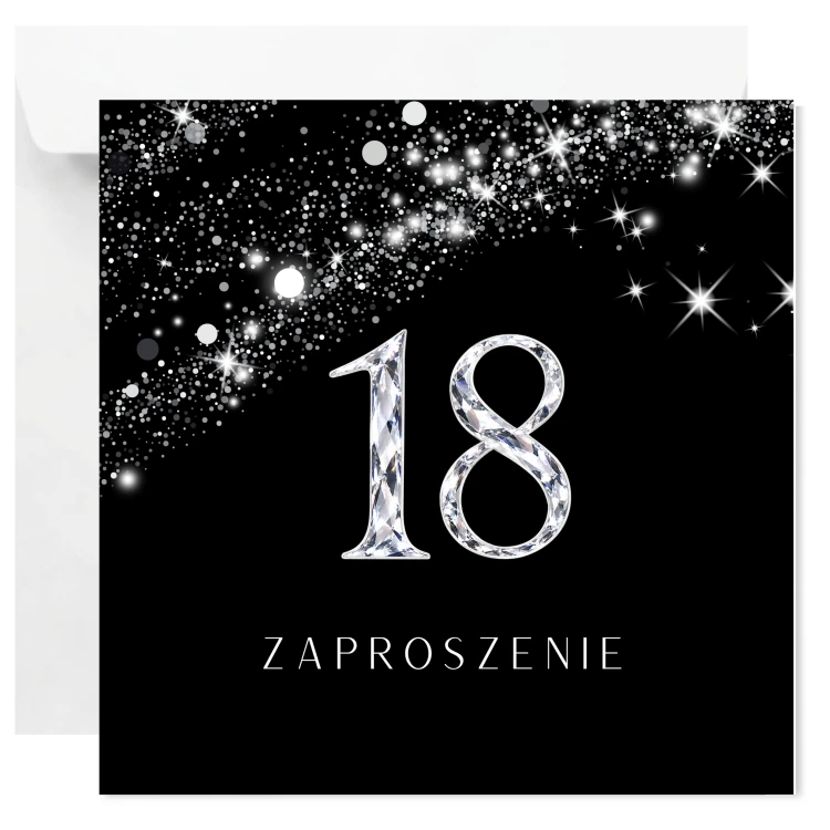 Zaproszenie na 18 urodziny Srebrny Pył ze srebrną cyfrą 18