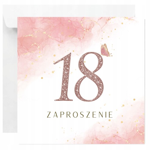 Zaproszenie na 18 urodziny Róż Motylek z błyszczącą cyfrą 18