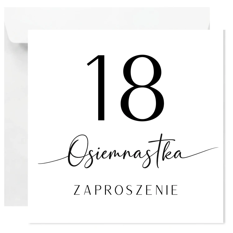 Zaproszenie na 18 urodziny biało-czarne – minimalistyczne z kopertą