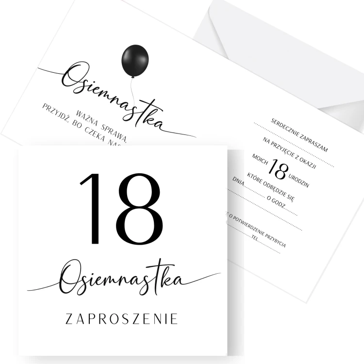 Zaproszenie na osiemnastkę czarno-białe – papier PREMIUM 350 g
