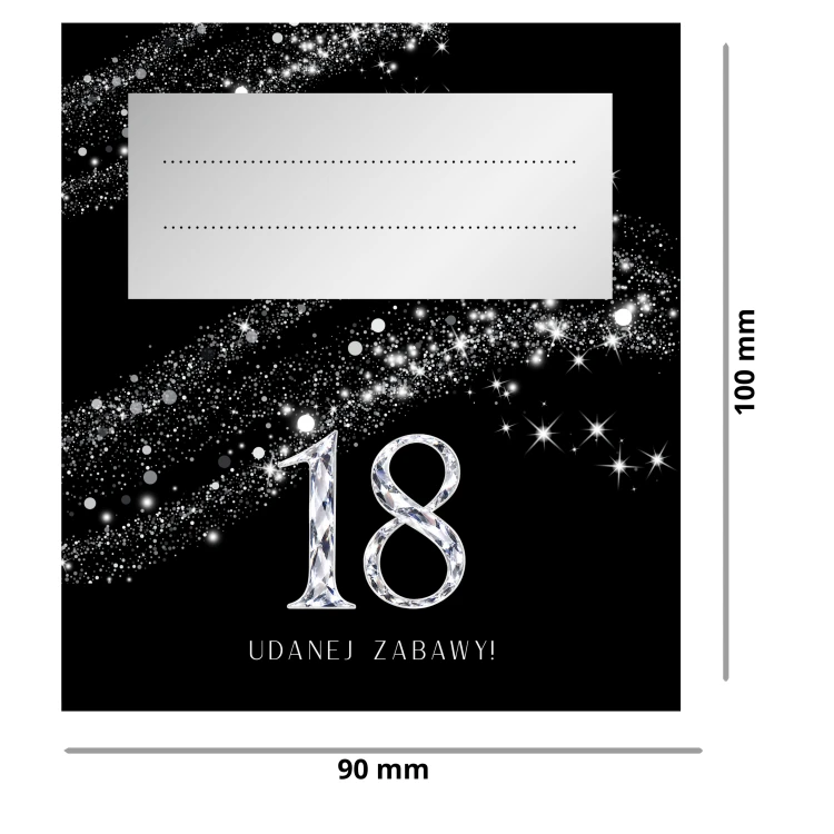 Winietka na 18 urodziny Srebrny Pył – wymiary 9 × 5 cm