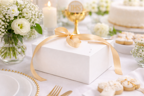 Białe pudełko na ciasto ze złotą wstążką – elegancka dekoracja stołu