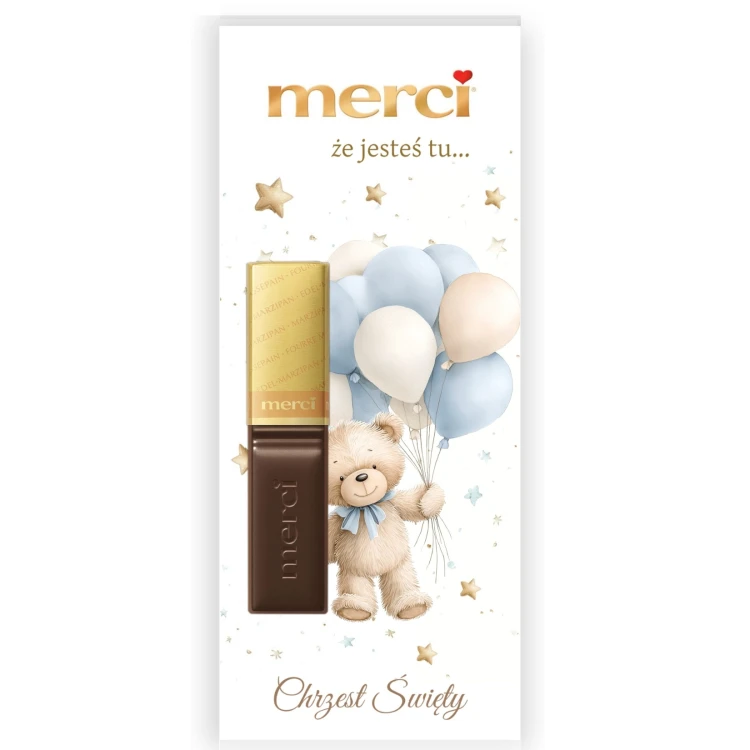 Podziękowanie na Chrzest Merci – Misio Błękit z balonami