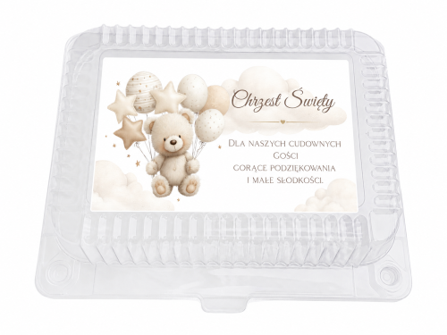 Plastikowe pudełko na ciasto Chrzest Misio Beż – etykieta z misiem