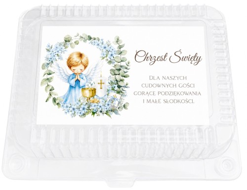 Plastikowe pudełko na ciasto Chrzest Aniołek Błękit – etykieta z aniołkiem
