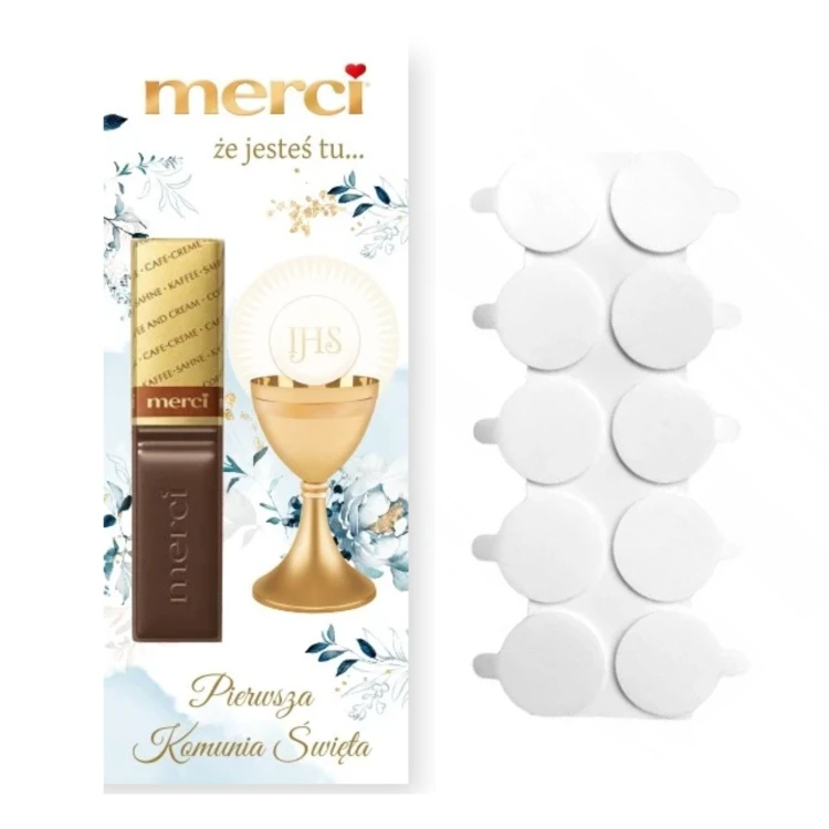 Podziękowanie komunijne Merci Błękit IHS – papier 350 g i kropka klejowa