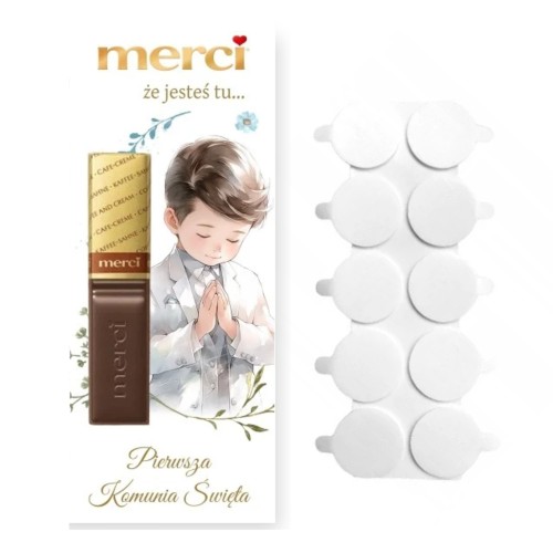 Podziękowanie komunijne Merci Chłopczyk z brokatem – papier 350 g i klej