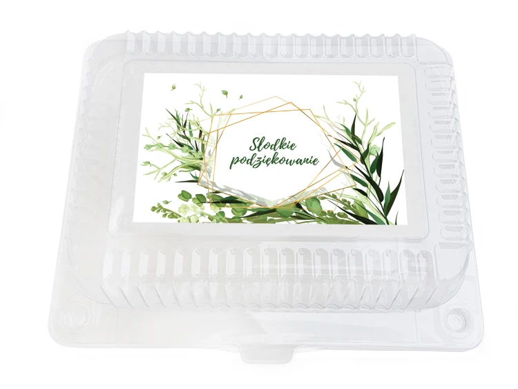 Plastikowe pudełko na ciasto Geometria Zielona – etykieta Słodkie podziękowanie