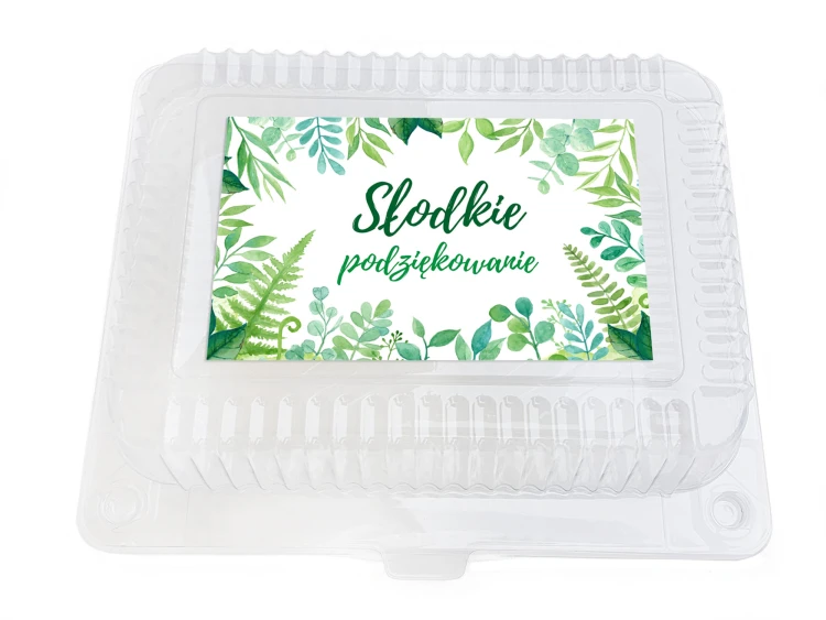 Plastikowe pudełko na ciasto Greenery – zielone liście, podziękowanie dla gości