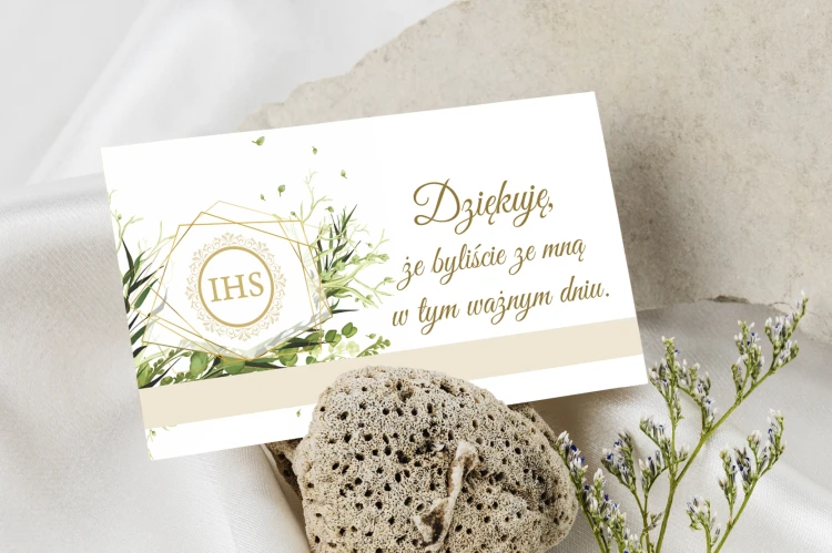 Bilecik podziękowanie dla gości Chrzest Komunia Zielona Geometria – IHS i zielone gałązki