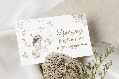 Bilecik podziękowanie Komunia Dziewczynka z brokatem – różowe kwiaty