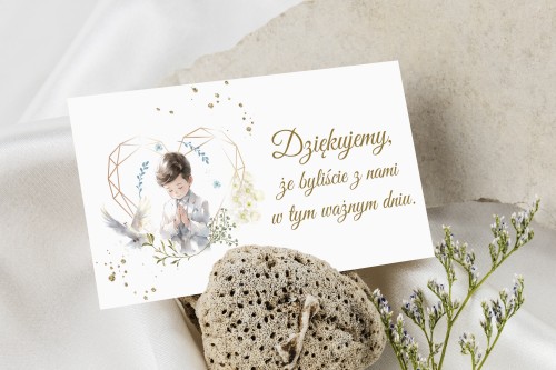 Bilecik podziękowanie Komunia Chłopczyk z brokatem – pamiątka dla gości