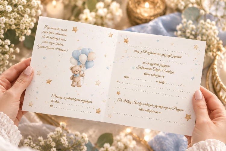 Zaproszenie na Chrzest Święty Misio Błękit – rozłożone wnętrze zaproszenia z misiem, błękitnymi balonami i tekstem do wypisania